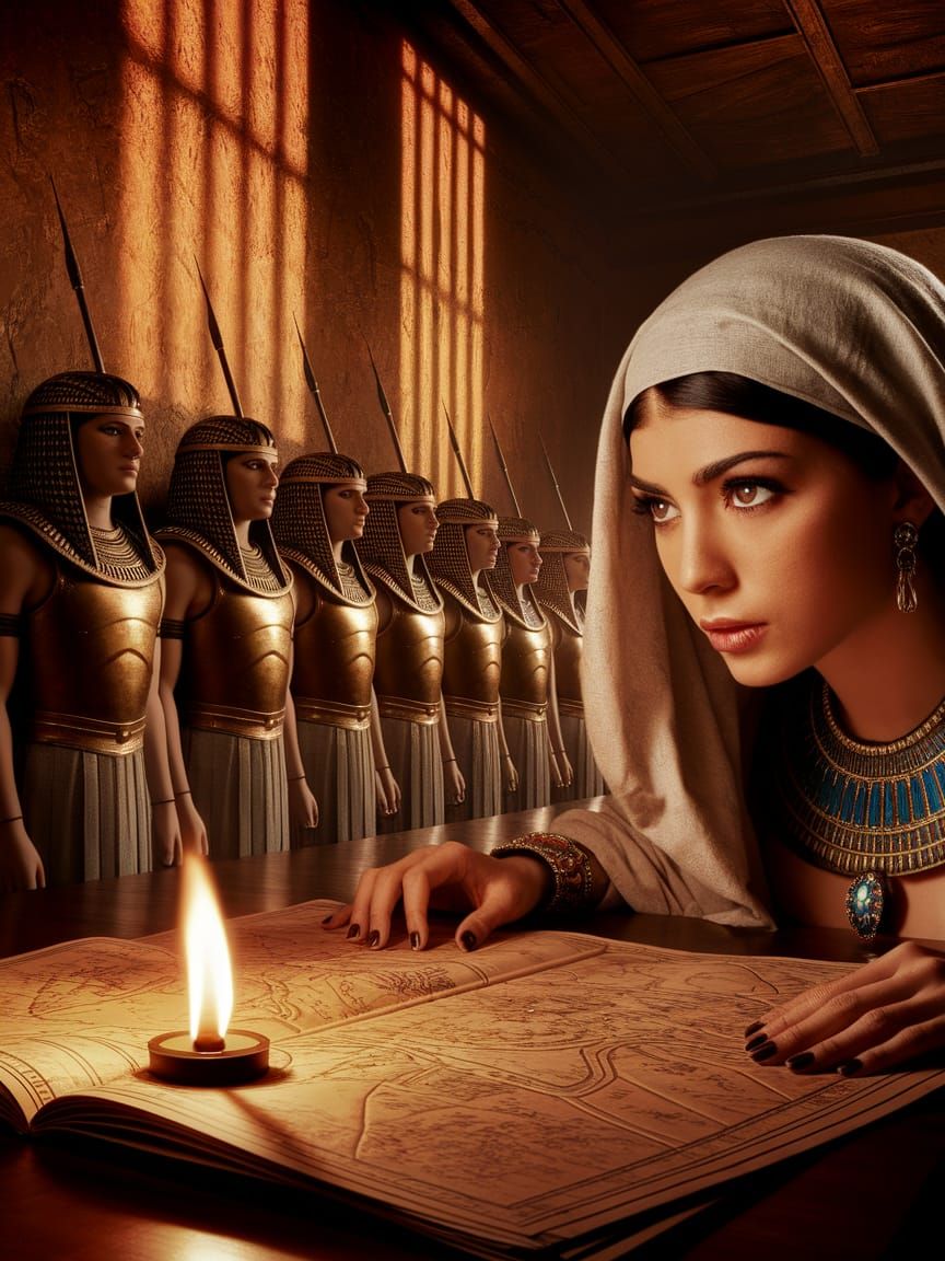 Egyptian Queen Studies Map by Torchlight with Soldiers