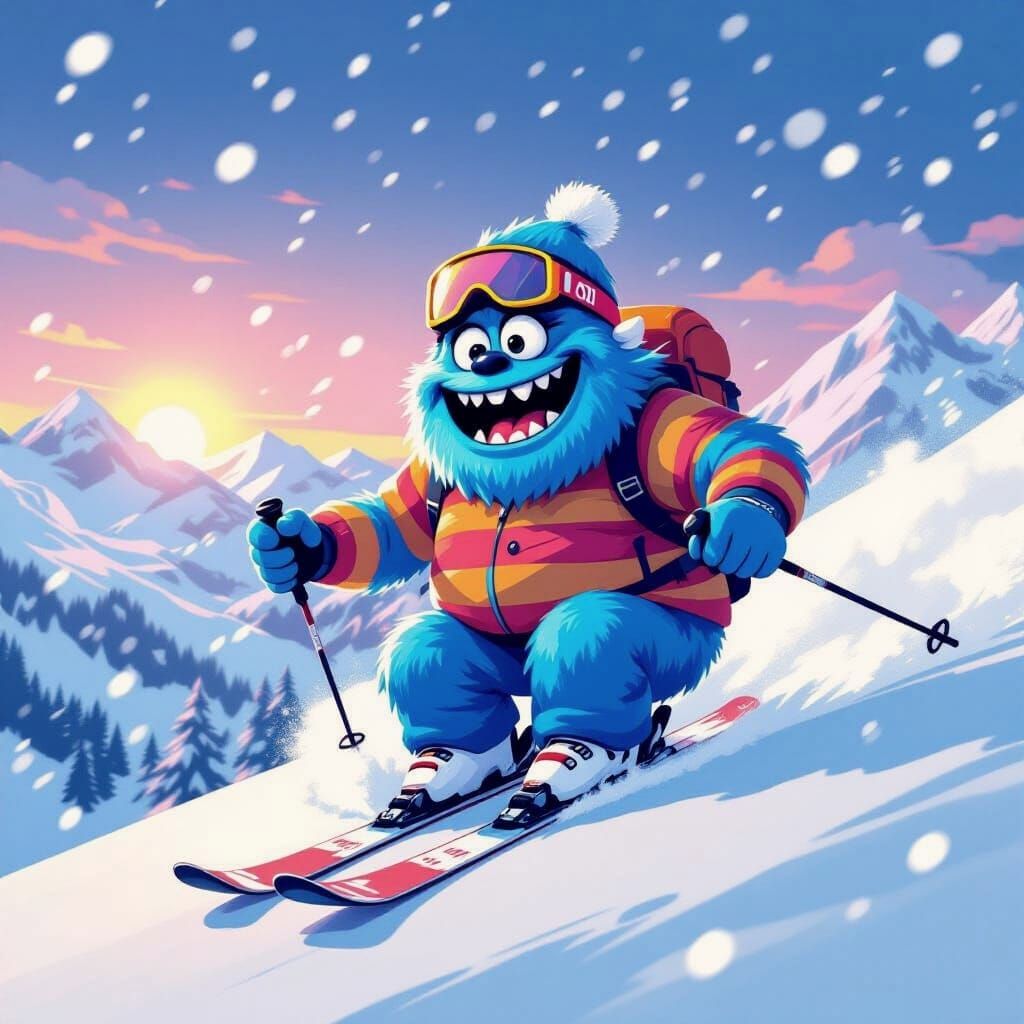 Animated cartoon of a happy blue colored monster going down hill on ski's during a winter sports vacation, no. 1