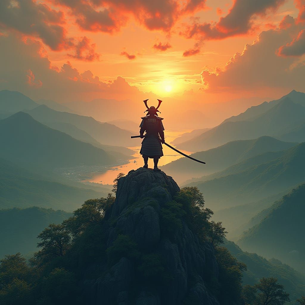 Epic Samurai in Sunset Japanese Landscape, Digital Painting ...