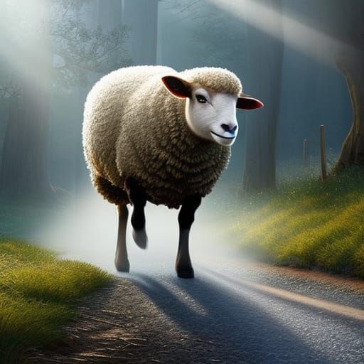 little sheep is running along the road, full body, sheep is ...