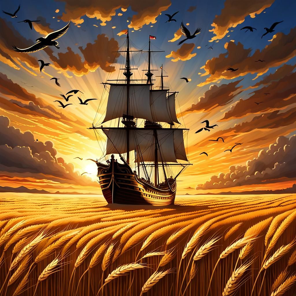 A majestic ship with billowing sails, similar to an 18th-cen...