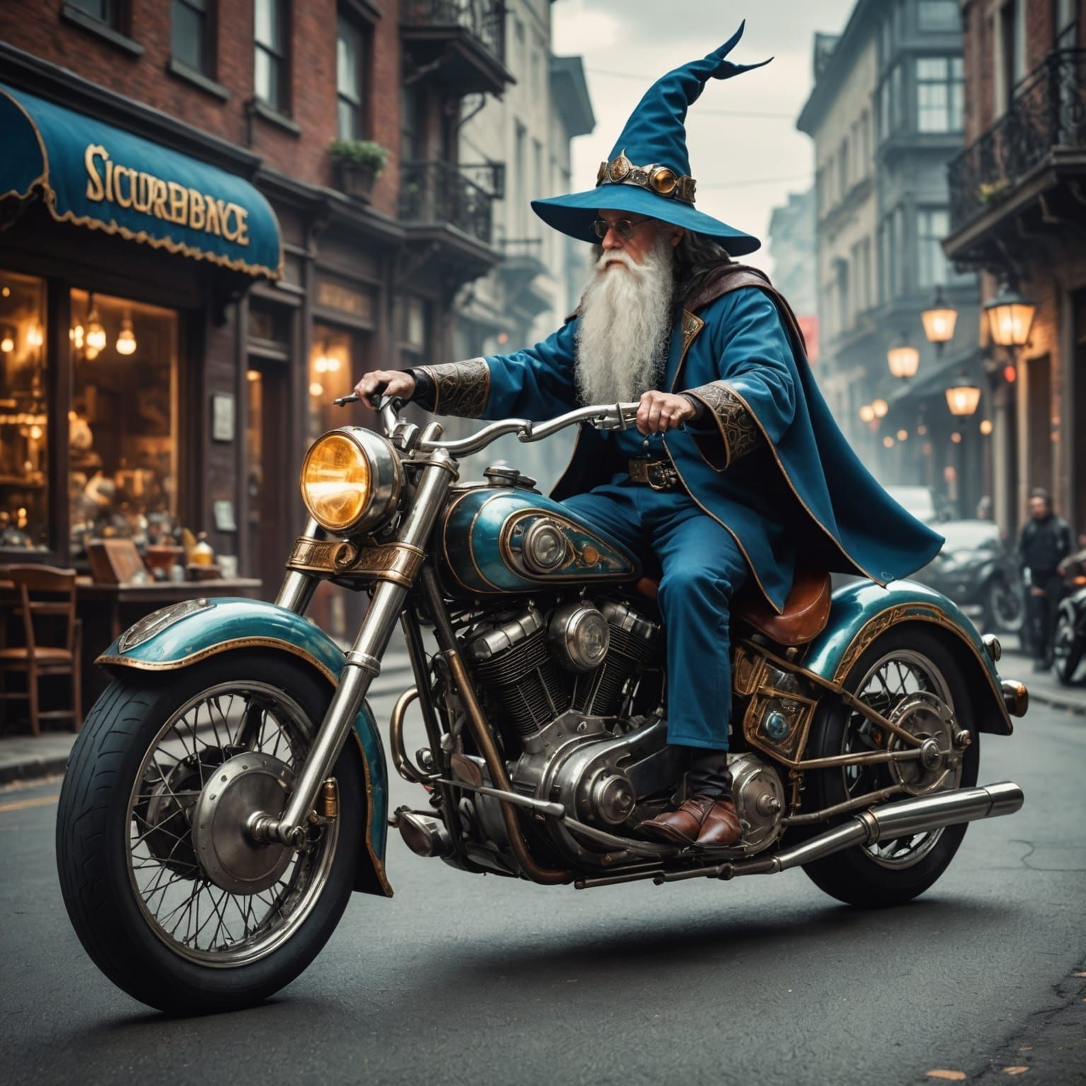 A wizard riding a futuristic antique motorcycle with a beautiful saddle