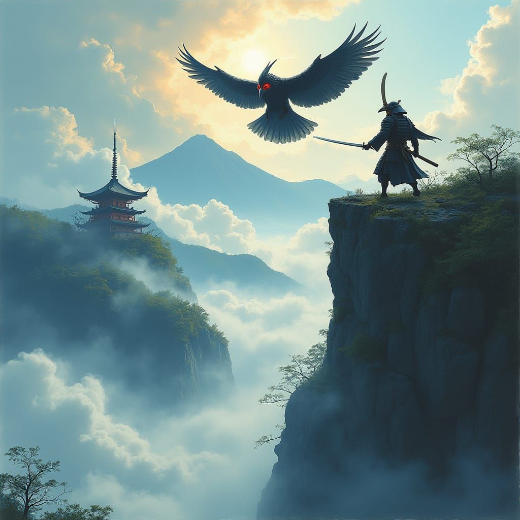 A fierce samurai warrior is practicing swromanship in the edge of terrifying cliff and really steep cliff. A small, ancient Japanese temple ...