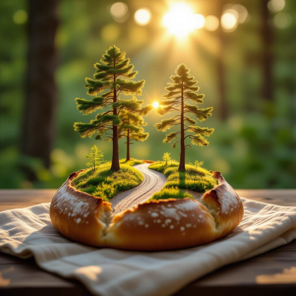 Slice of Bread Revealing Miniature Forest with Sunlit Path