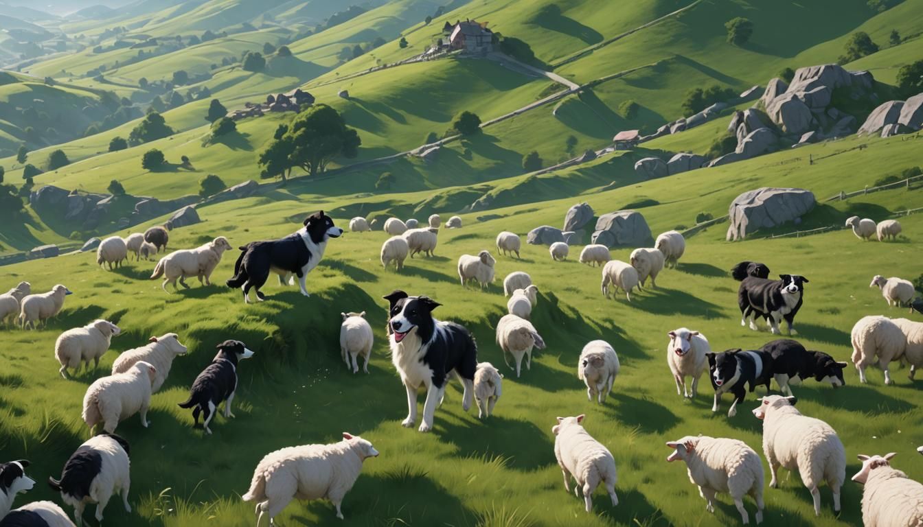 Energetic Border Collie herding sheep on a green hillside.