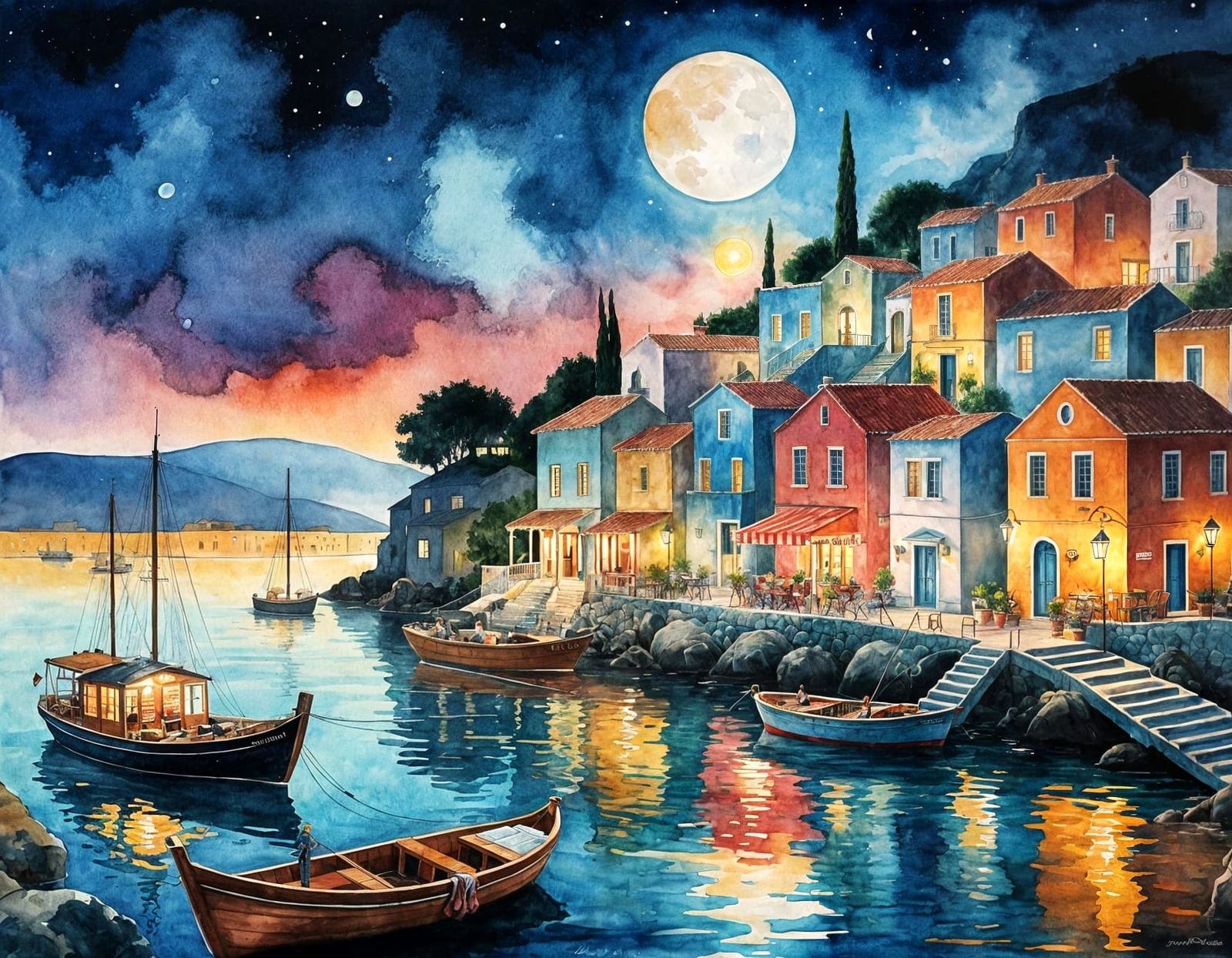 Greek village by the sea on a summer night  by @Jin