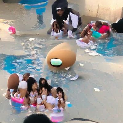 A rapper egg with money and girls at a pool party