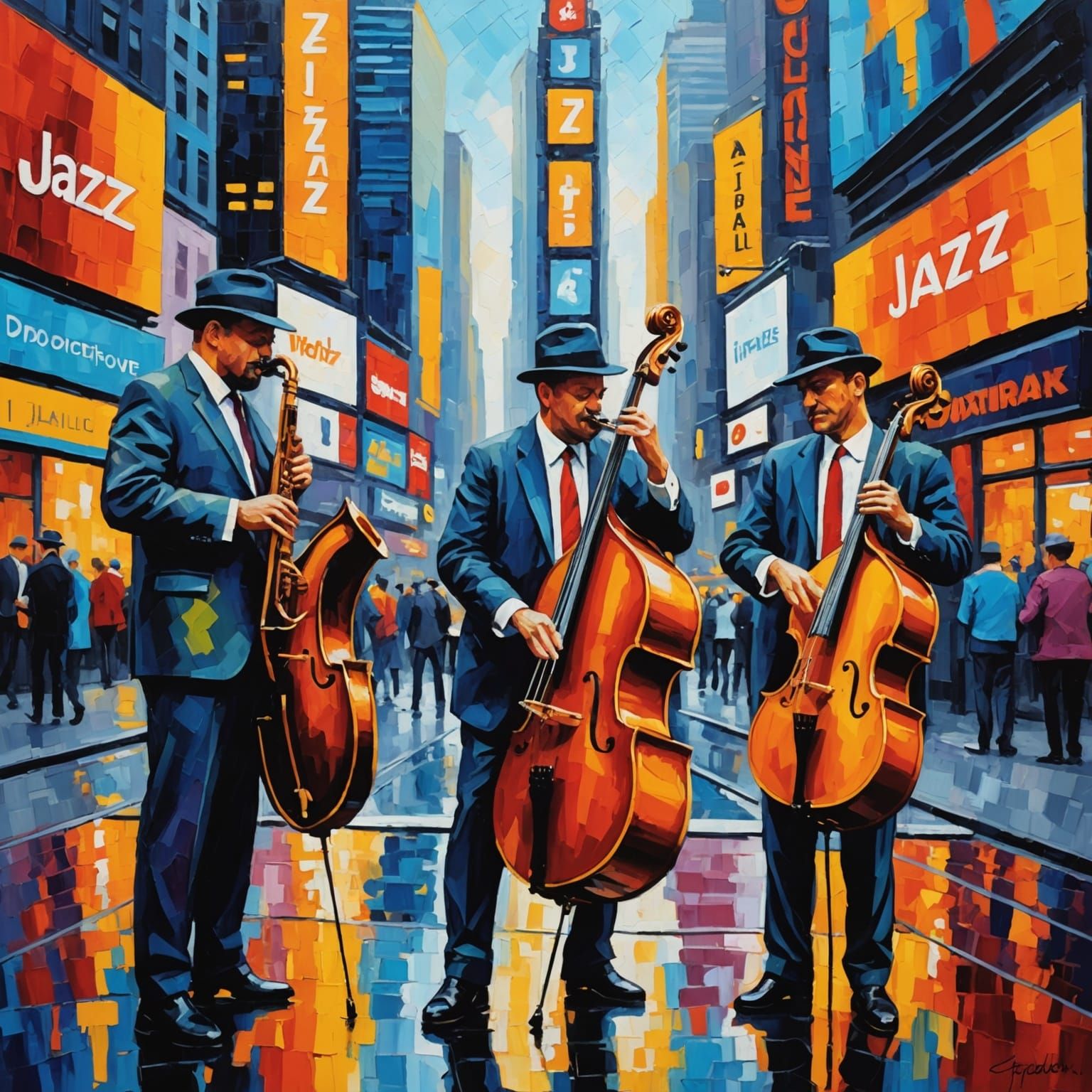 A jazz trio performing in Times Square