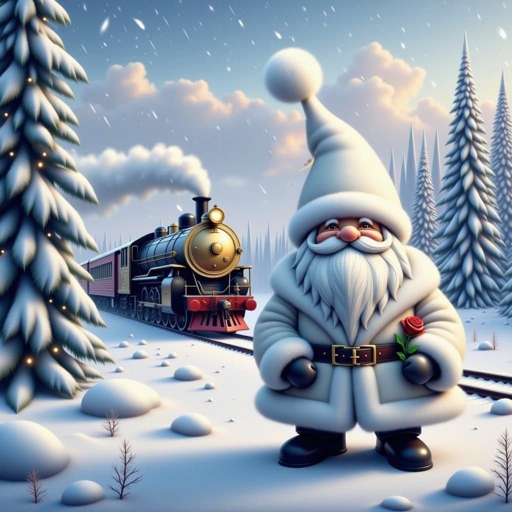 <lora:White Fantasy:1.0>Polarexpress train, a Nordicgnome with a White Hat and a Christmas Rose in a Winterscene Landscape, Hyper-detailed 3...