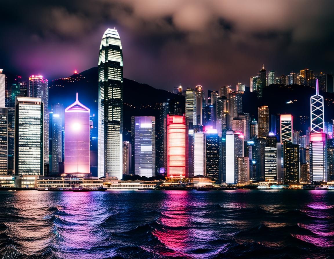 Postcard, night scene of Hong Kong Victoria Harbour - AI Generated