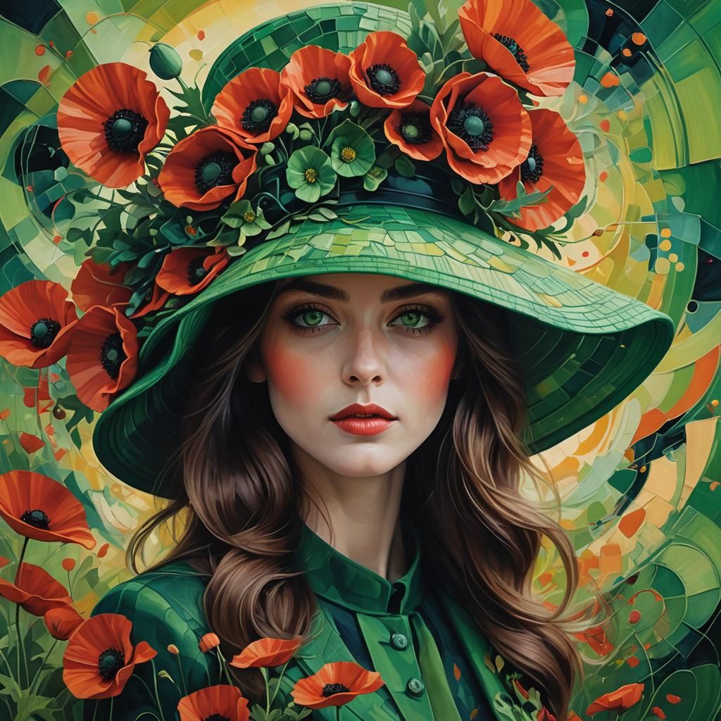 Woman with Green Eyes and Poppy Hat
