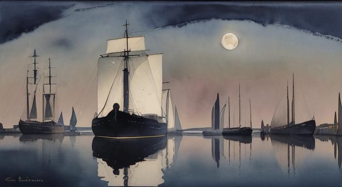 The reflection of a barge and moon in the harbor of Ostend (...