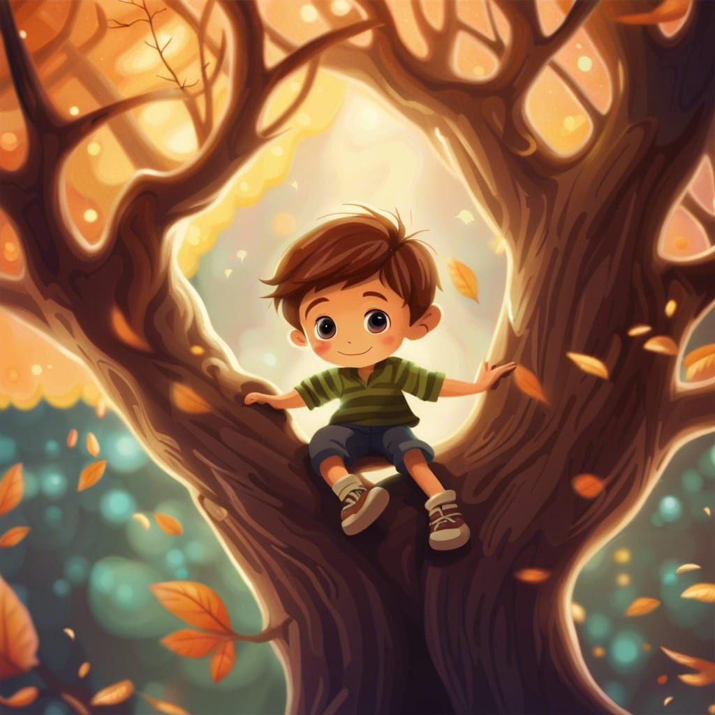 A short haired little boy in a tree