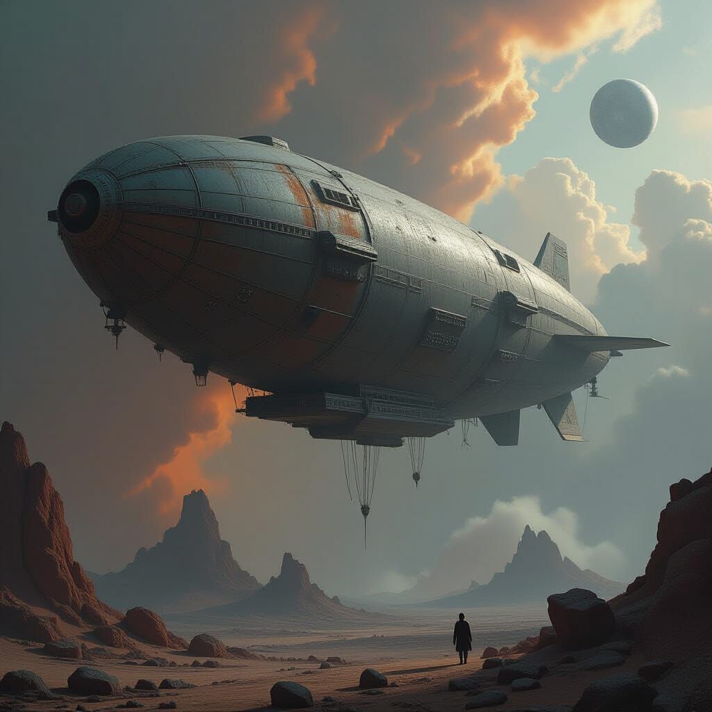 An ancient, colossal airship, weathered and scarred, drifts silently through a nebula of cosmic dust. Its hull is etched with forgotten glyp...
