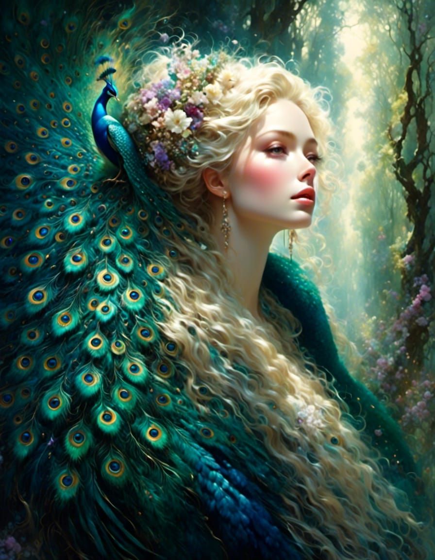 Peacock in Opulent Garden: Impressionistic Watercolor