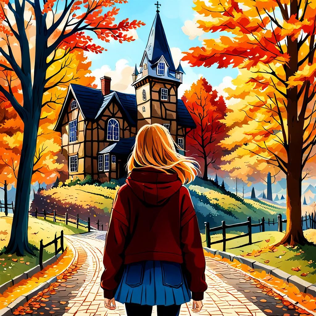Autumnal House and Church in a Colorful Landscape
