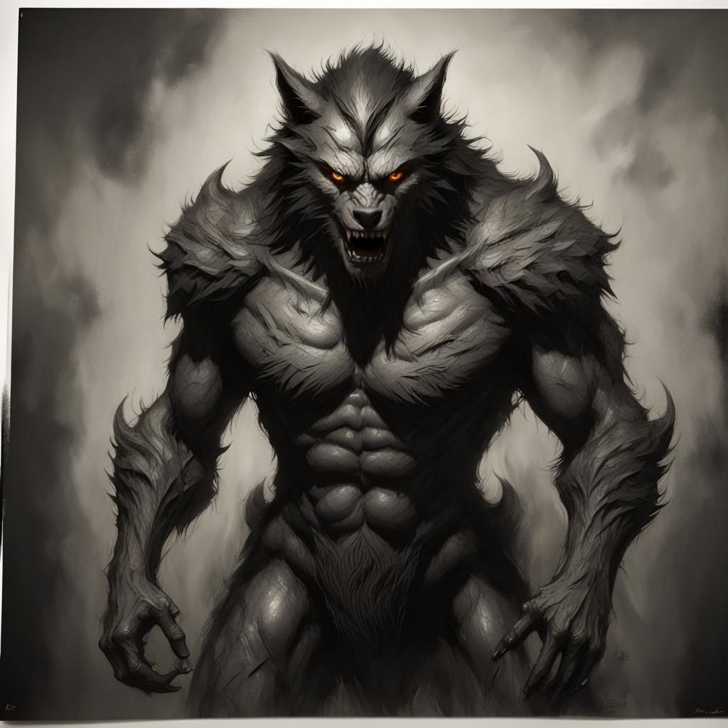 charcoal sketch, evil looking werewolf; menacing presence looking at ...