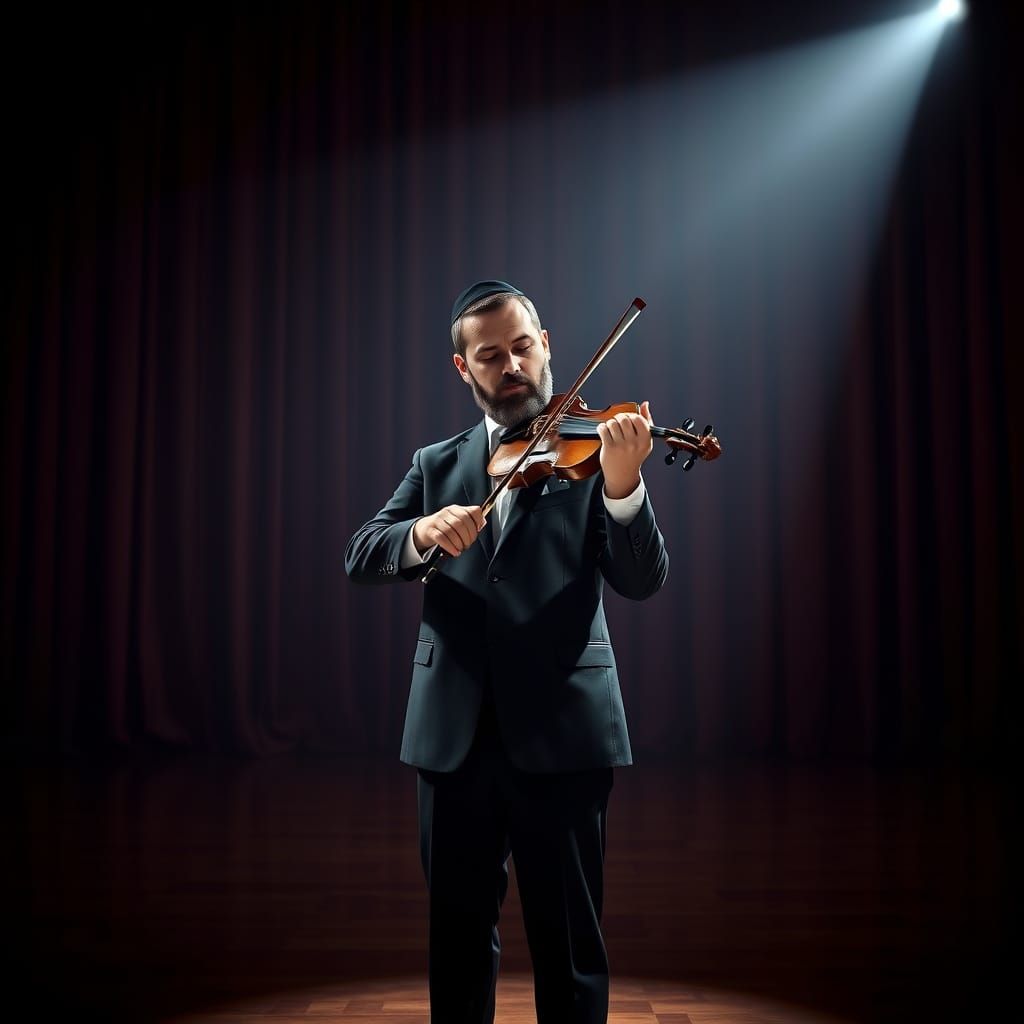 Orthodox Jewish Man Plays Violin on Stage