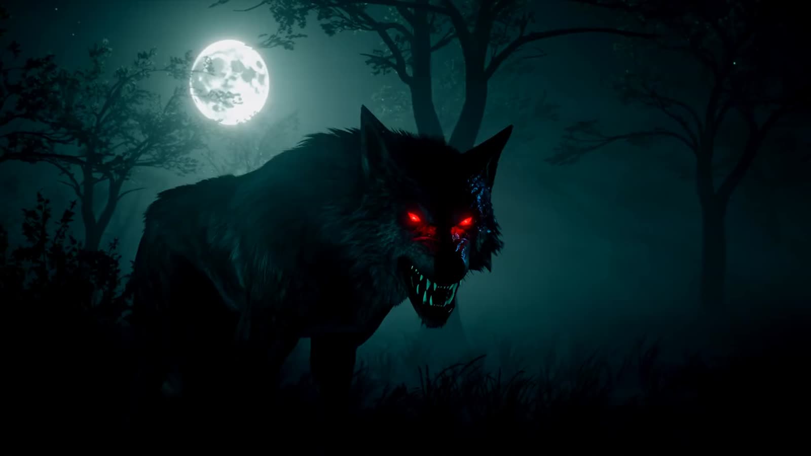 Insanely detailed cinematic video of a terrifying werewolf in a moonlit, foggy forest at night, with glowing red eyes an...