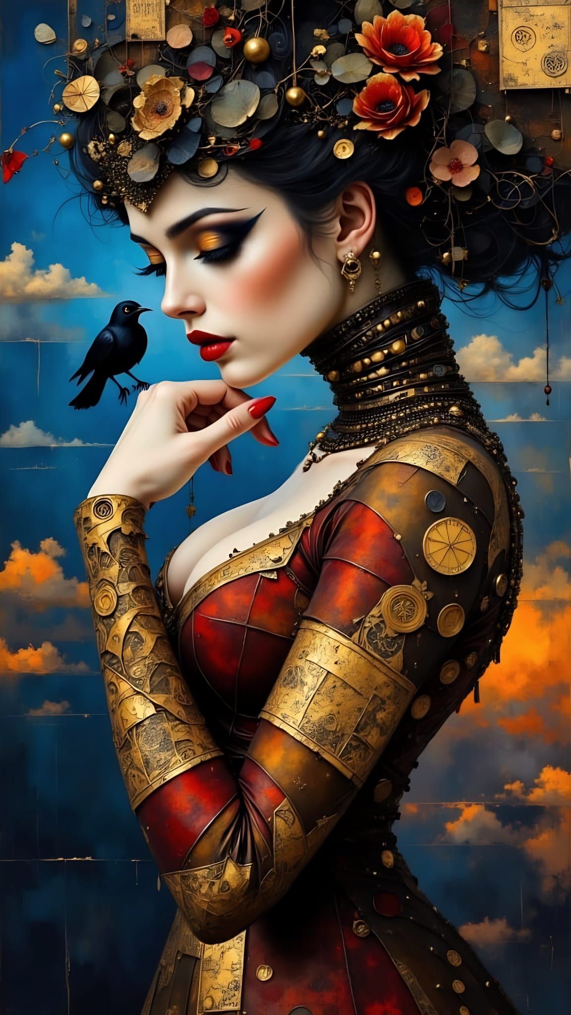 <lora:Pretty Whimsy World:1.0><lora:Akimora:1.0><lora:Earth and rose:1.0><lora:Ancient Gold:1.0>Burnished gold, ink, watercolour, black canv...