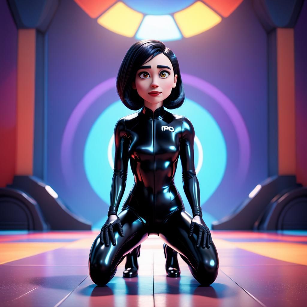A woman in a black latex suit kneels on the floor