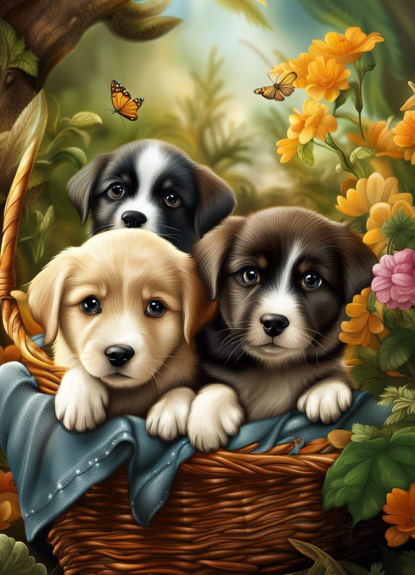 Cute puppies in a basket. - AI Generated Artwork - NightCafe Creator