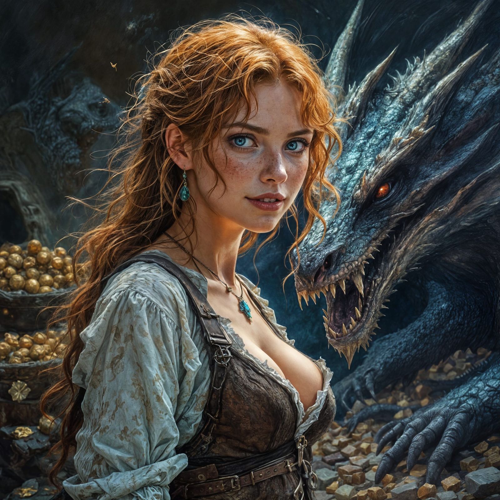 Pretty Ginger Adventuress in a Dragon's Treasure Hoard