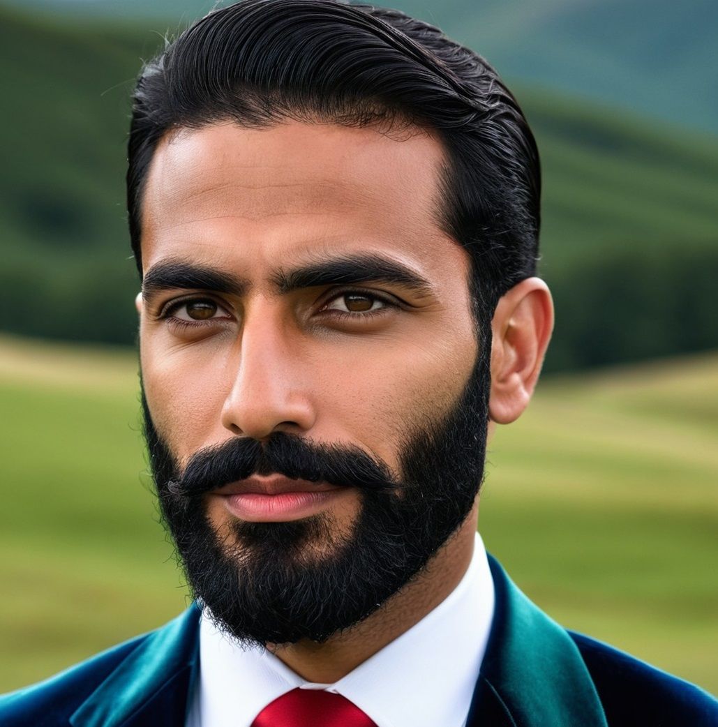 Gentleman with   black  beard   wearing  a   turquoise velve...