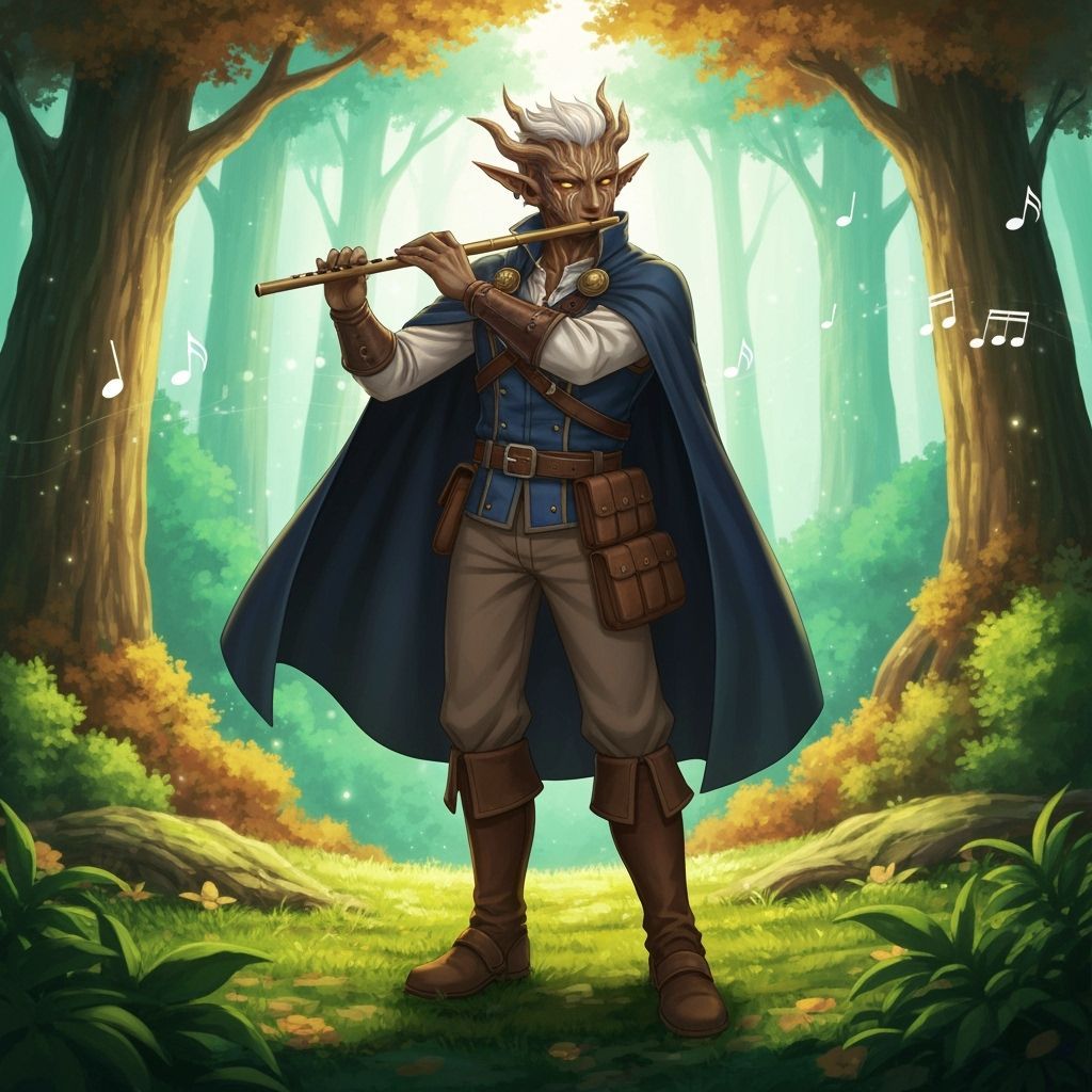 The image is a fantastical digital illustration depicting a male elven bard playing a flute in an enchanted forest. The character has pointe...