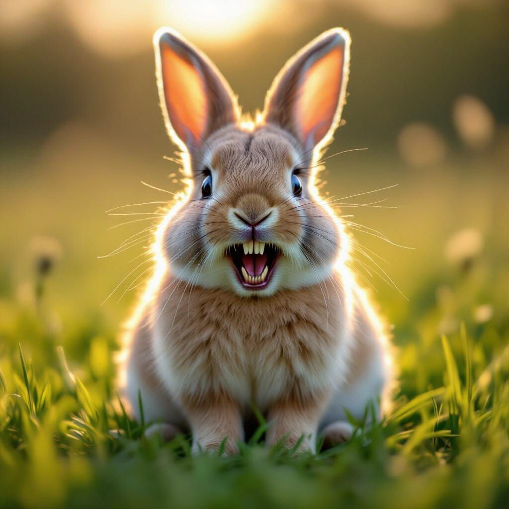 A gentle rabbit sitting calmly in a grassy meadow, soft fur glowing in the sunlight, big round eyes full of innocence. However, when it open...
