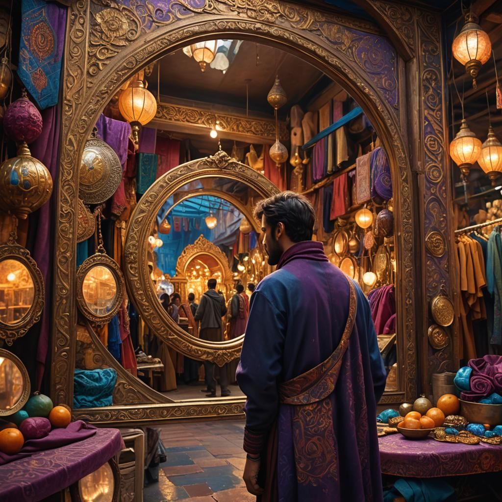 Man Gazing at Reflection in Mystical Market Mirror