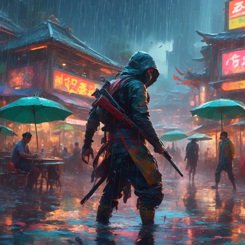  <lora:Future Paradise:1.0> A ninja in the rain