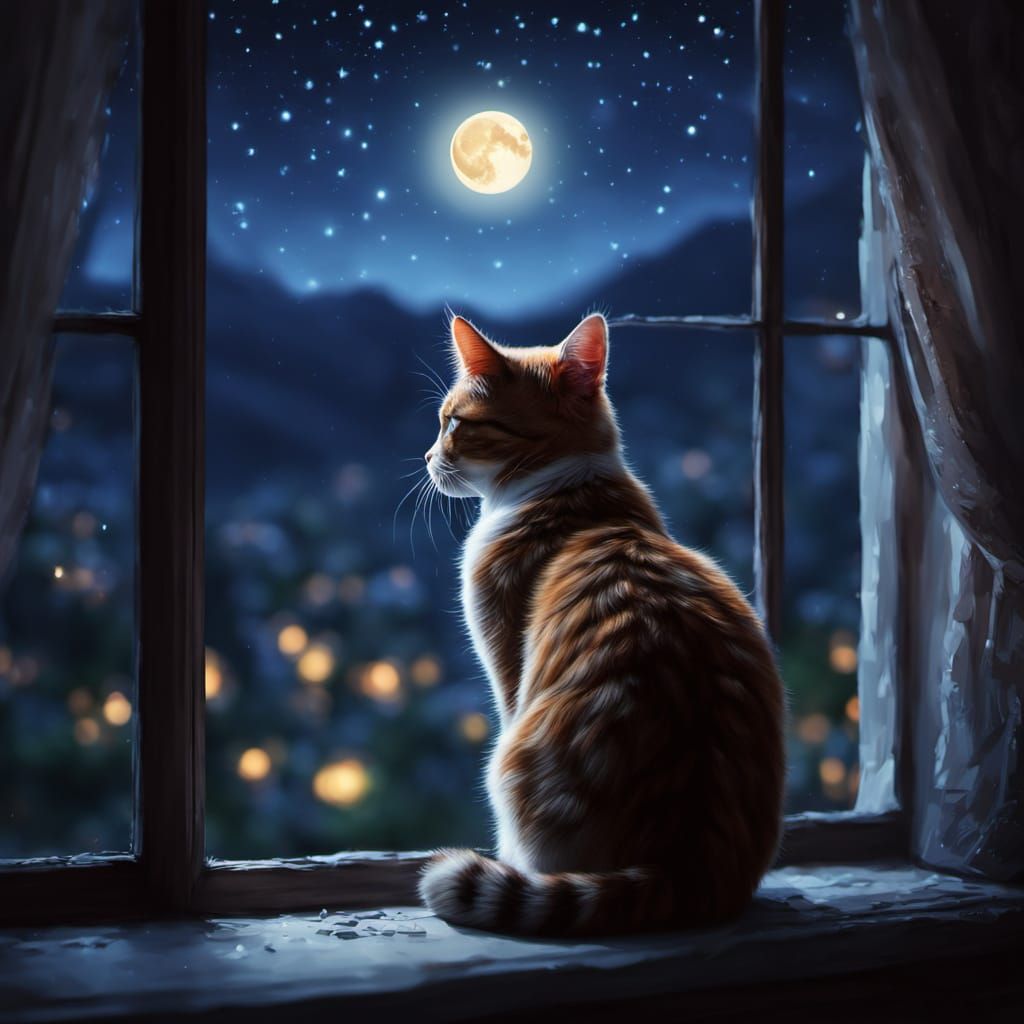 Cute Cat Gazing at Moonlit Night in Painterly Style