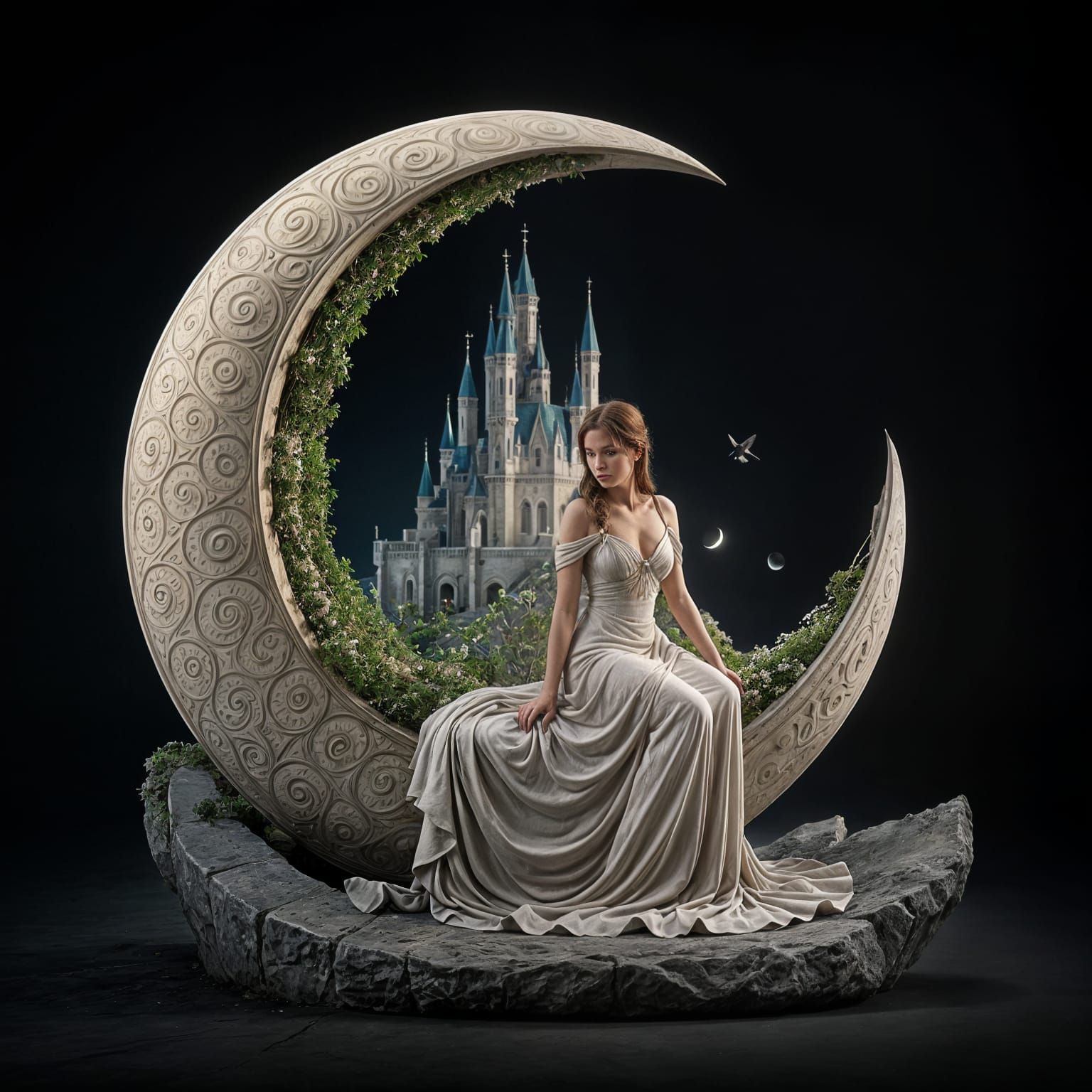 The image shows a sculptural composition in light tones, depicting a young woman in a long, elegant dress ...  by @Zacharo