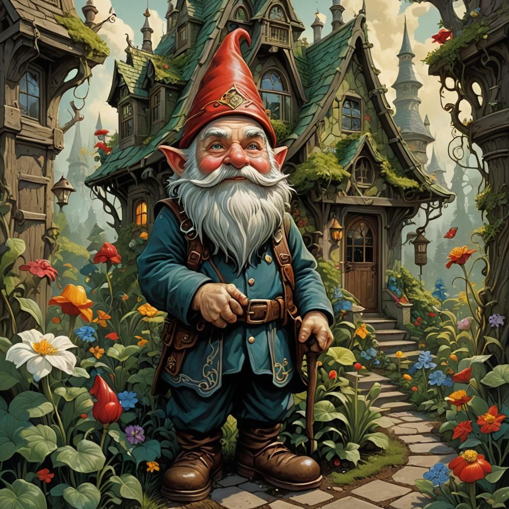 A movie poster of a gnome living in a magical house, gardeni...