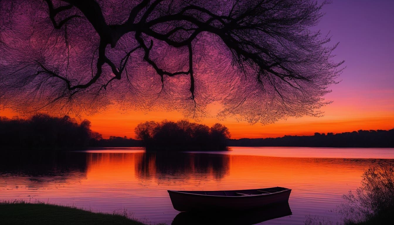 A small boat at the edge of a lake next to a tree, The sky is all ablaze with deep dark orange and purple ...  by @Dantonio