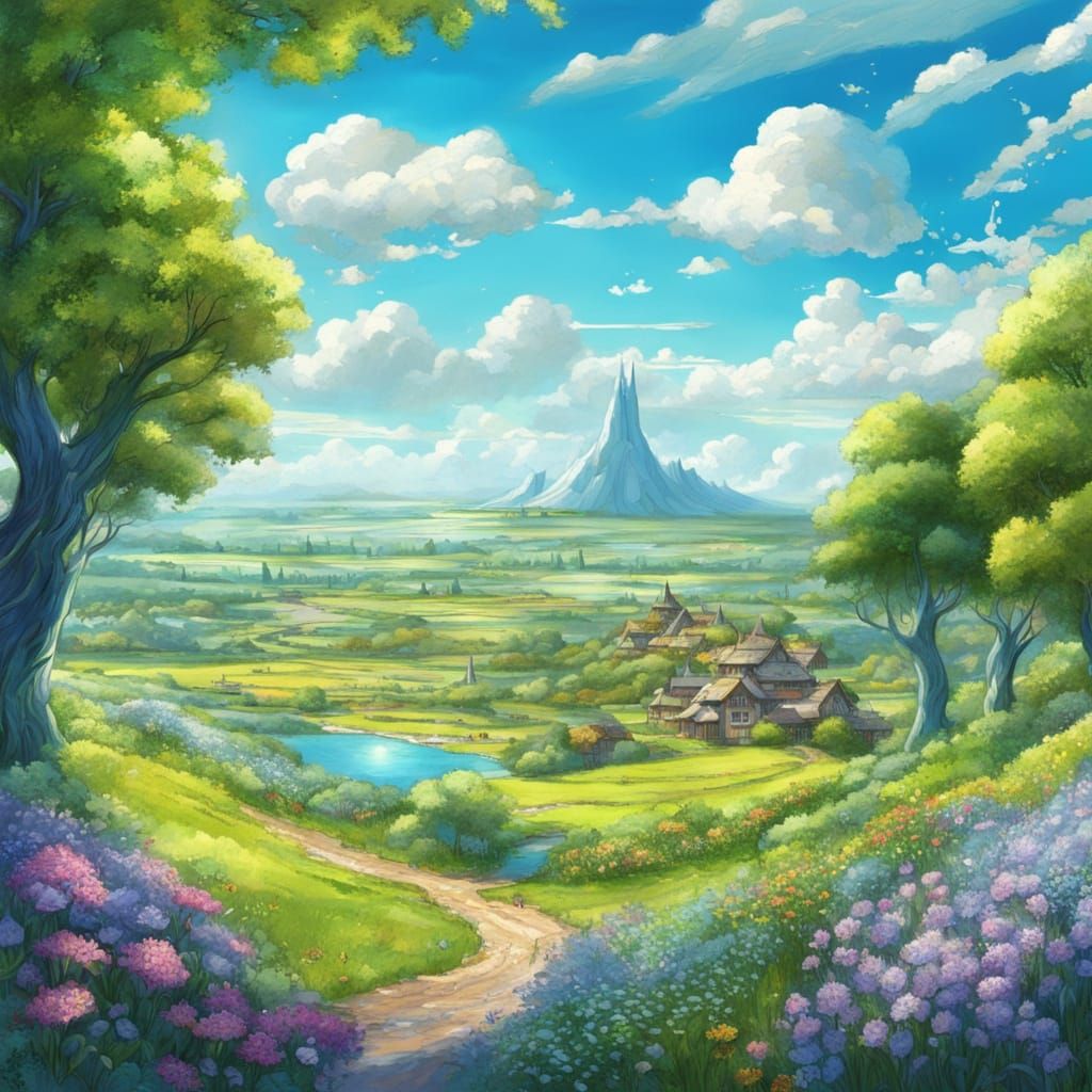 drawing of a beautiful fantasy vast elven sci fi countryside on a summer day with fields of flowers, small sci fi village in the distance an...