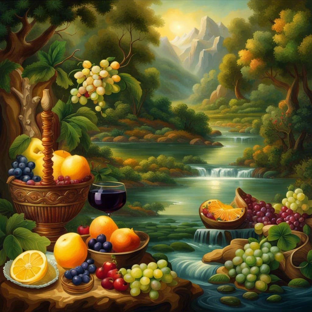 fruits and wine and a river of milk