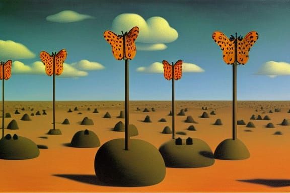 butterflies in the desert, oil painting by Rene Magritte