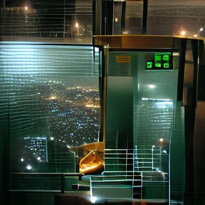 glass elevator in fancy hotel skyscraper overlooking night c...