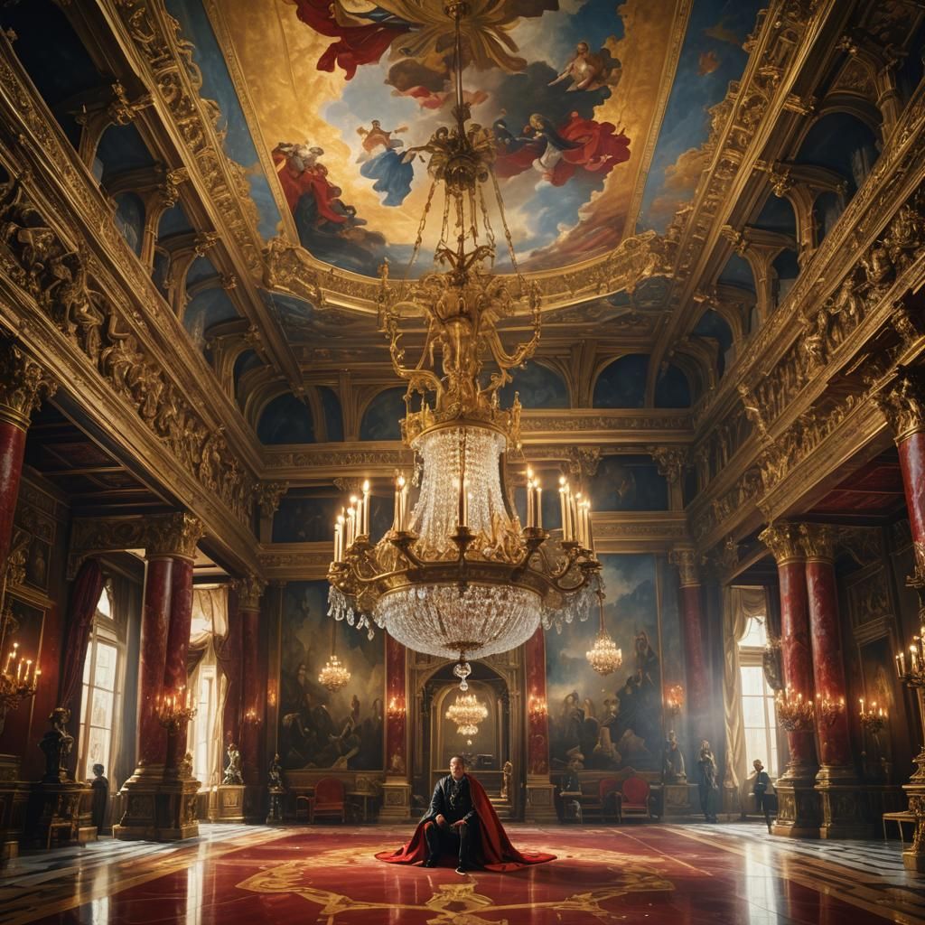 Man on Chandelier in Opulent Palace, Fantasy Art