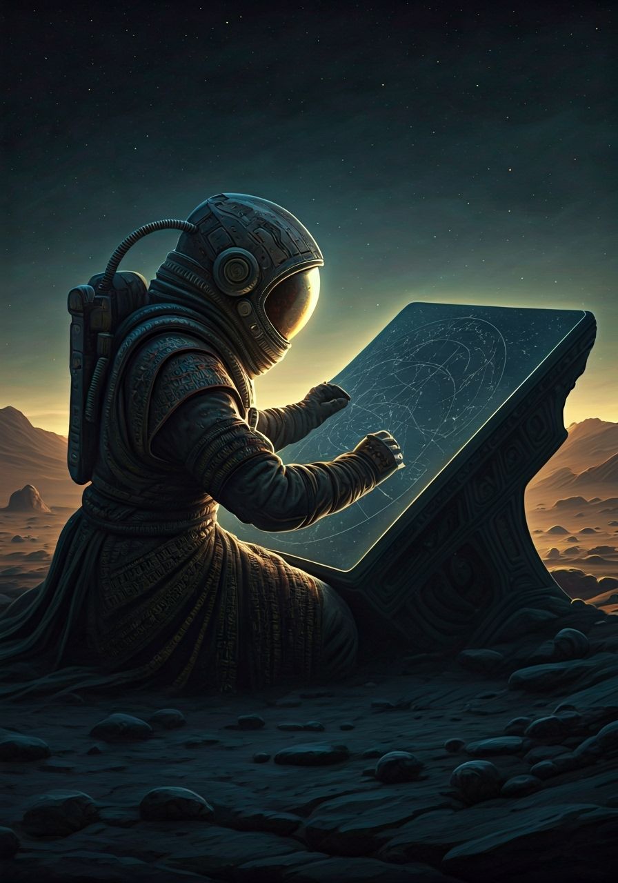 An ancient astronaut, weathered and wise, meticulously charting a map of unknown constellations on a vast, obsidian tablet. The scene is bat...