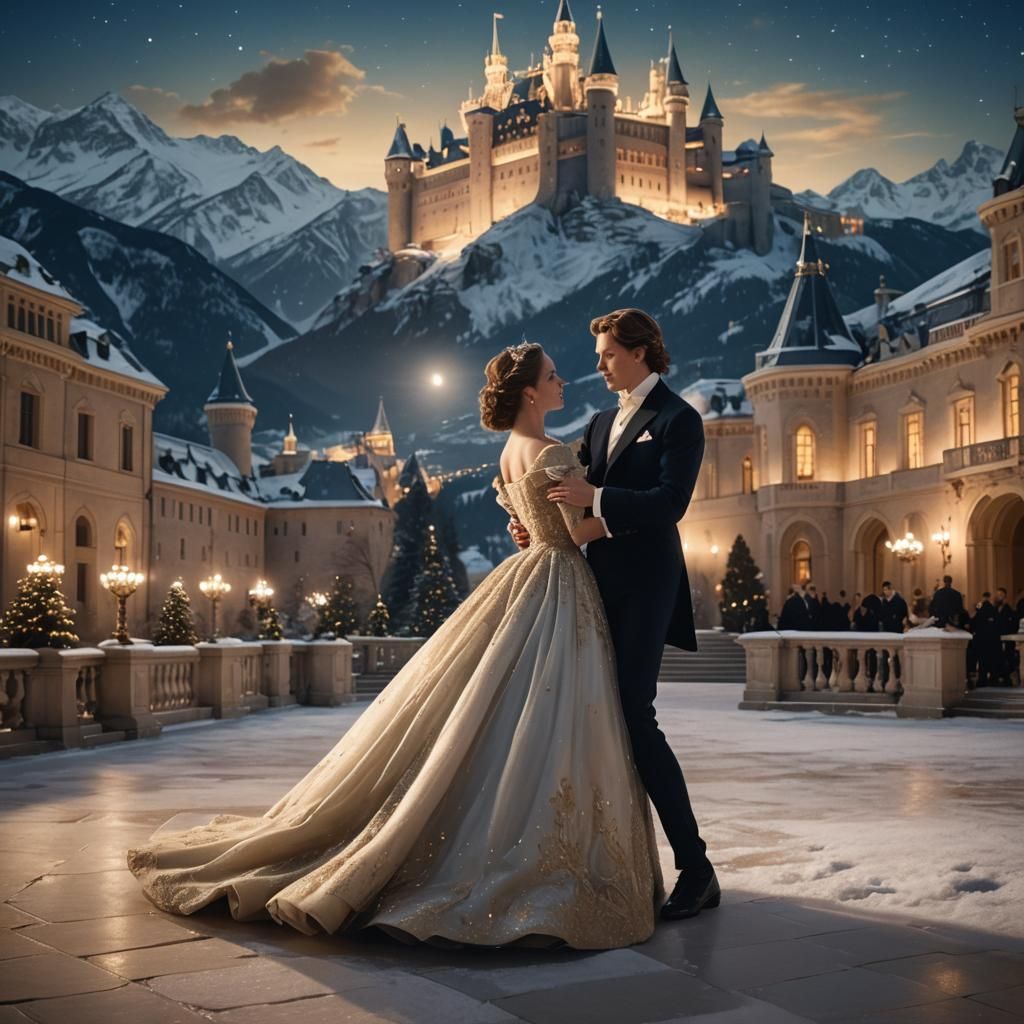 Handsome prince and beautiful princess dancing on terrace of...