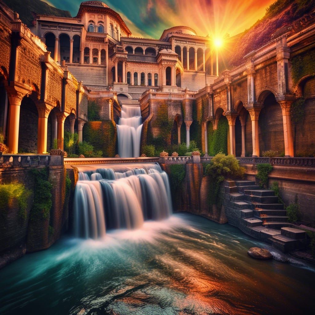 beautiful waterfallinspired city palace aqueducts waterfalls...