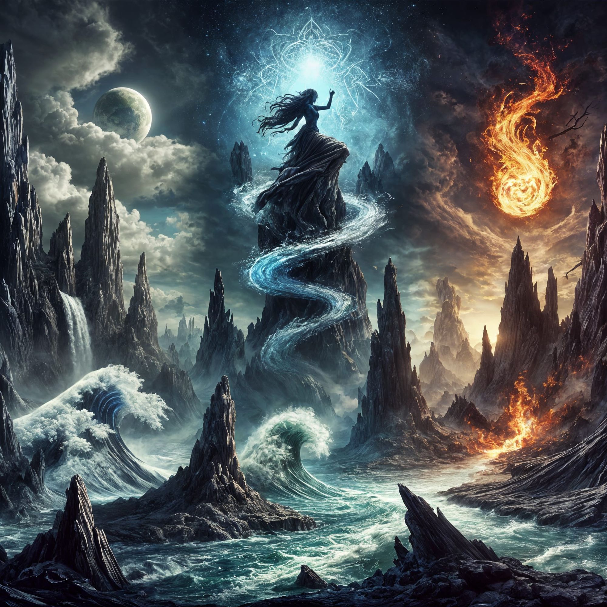 Here is the image focusing solely on the four elemental forces—Earth, Water, Air, and Fire—alongside the divine essence. Let me know if you'd like any adjustments!