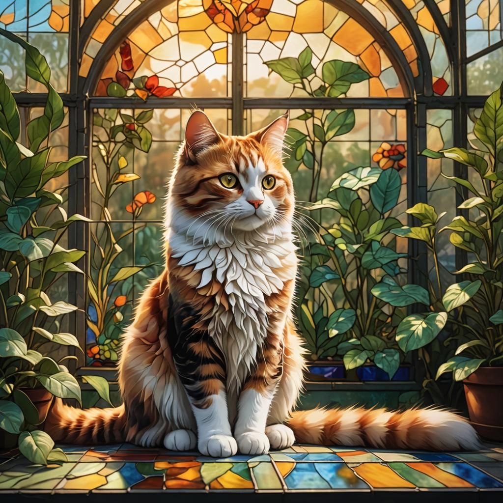 Cute Cat on Stained Glass Window at Sunrise