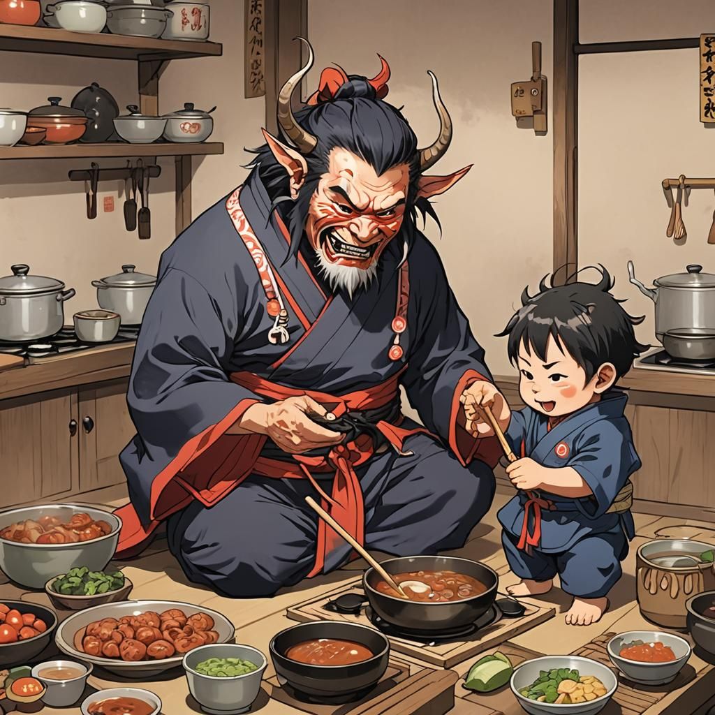 Happy Oni teaching a cute tengu toddler how to cook