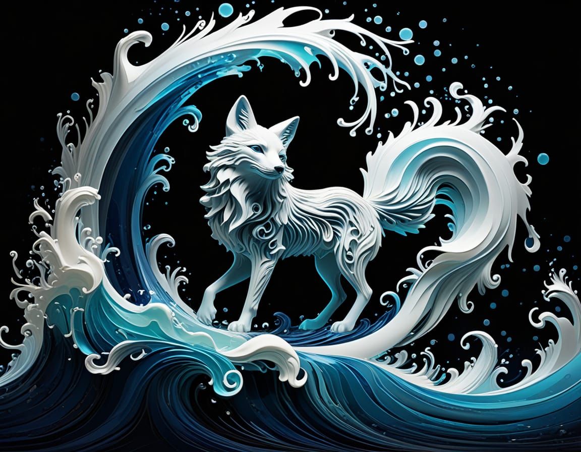  A transparent liquid figure of an epic fox posing gracefully, formed entirely out of swirling, translucent dark blue waves. The fox holds a...