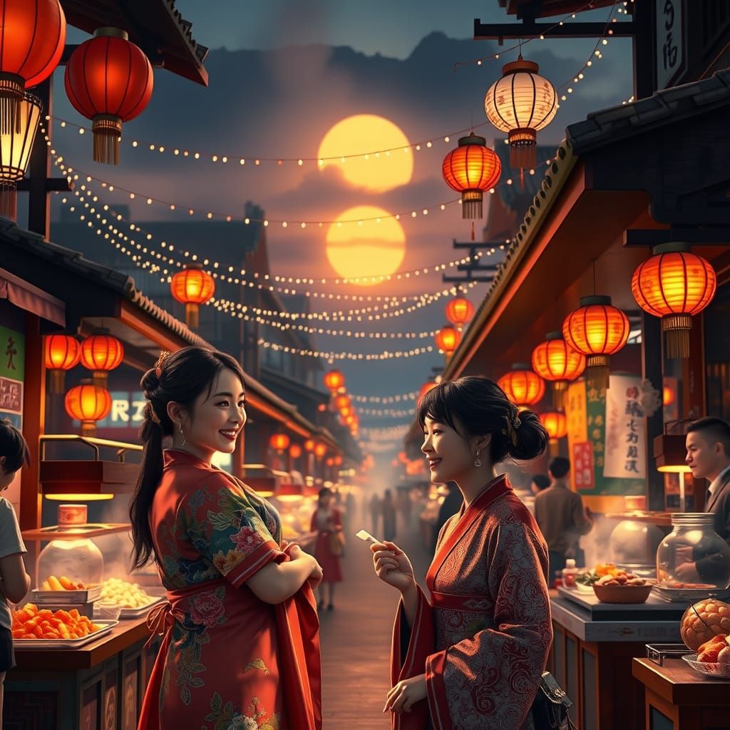 a night market in china; the sun is setting, there are light strings between poles; happy women are eating ...  by @MGP Fan 