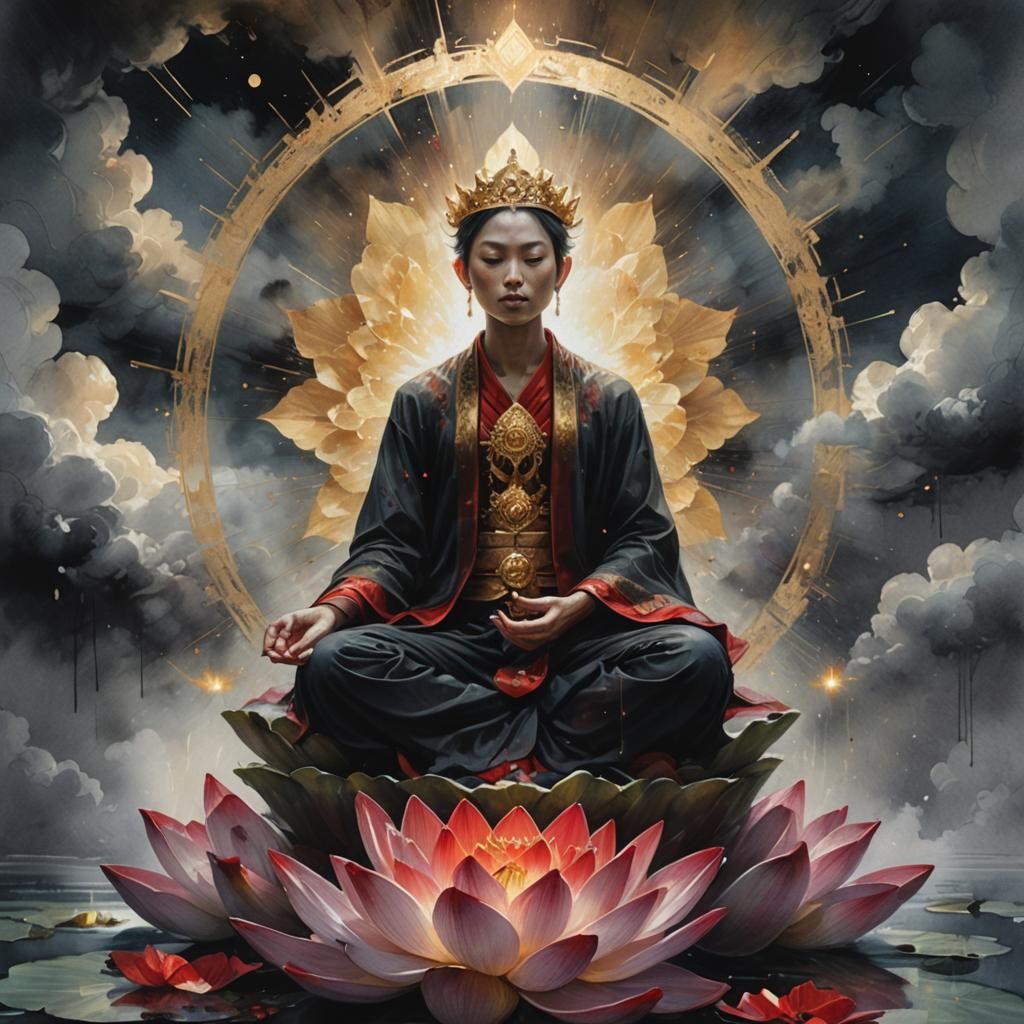 Dark and Moody Watercolour painting of Guan Yin Bodhisattva